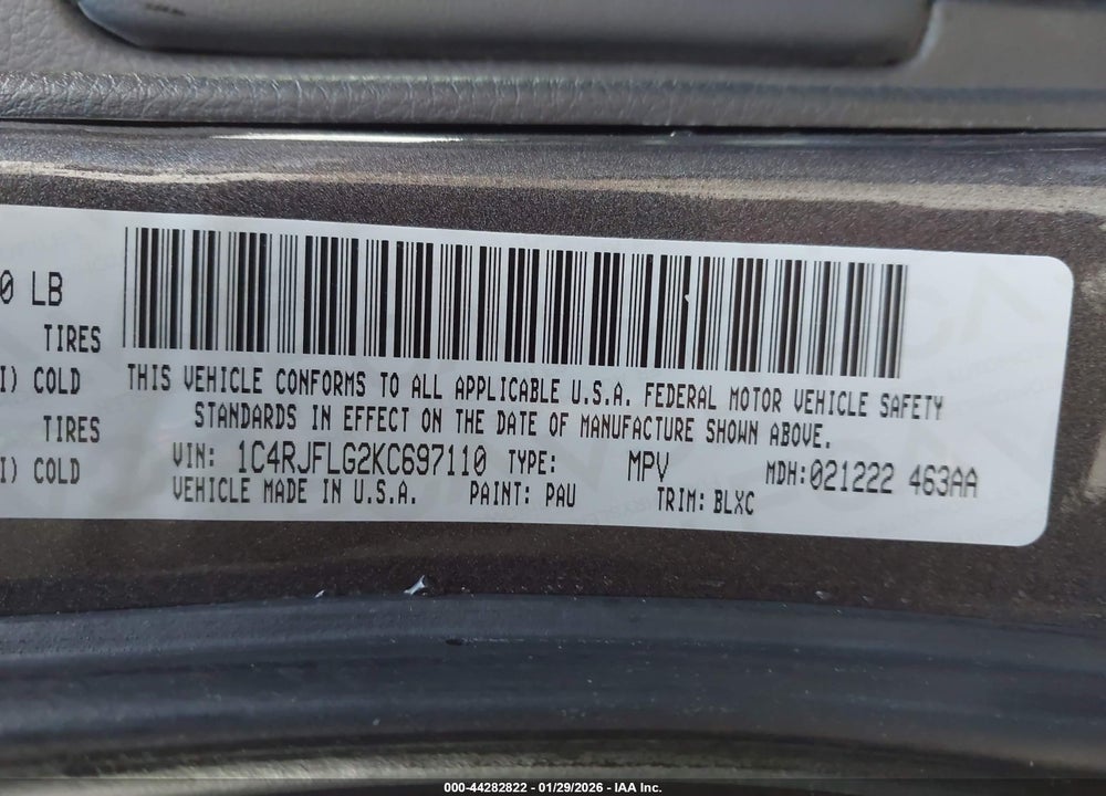2019 JEEP GRAND CHEROKEE VIN: 1C4RJFLG2KC697110