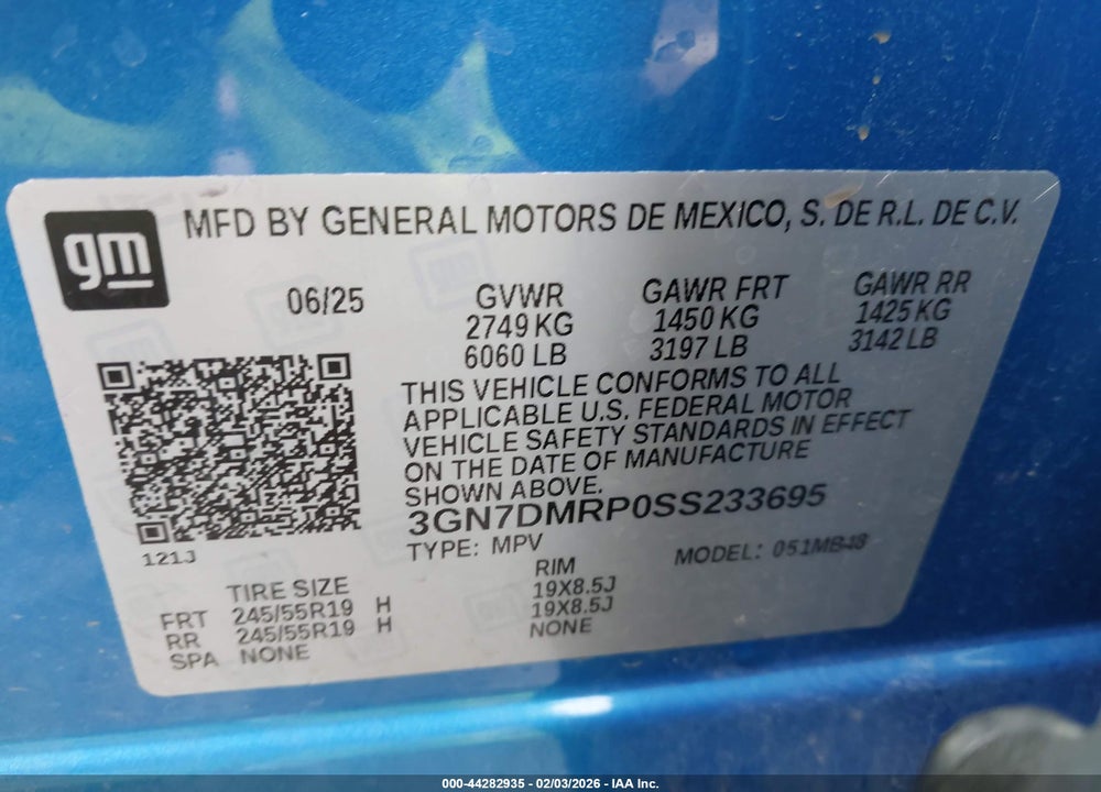 2025 CHEVROLET EQUINOX EV LT 1 VIN: 3GN7DMRP0SS233695