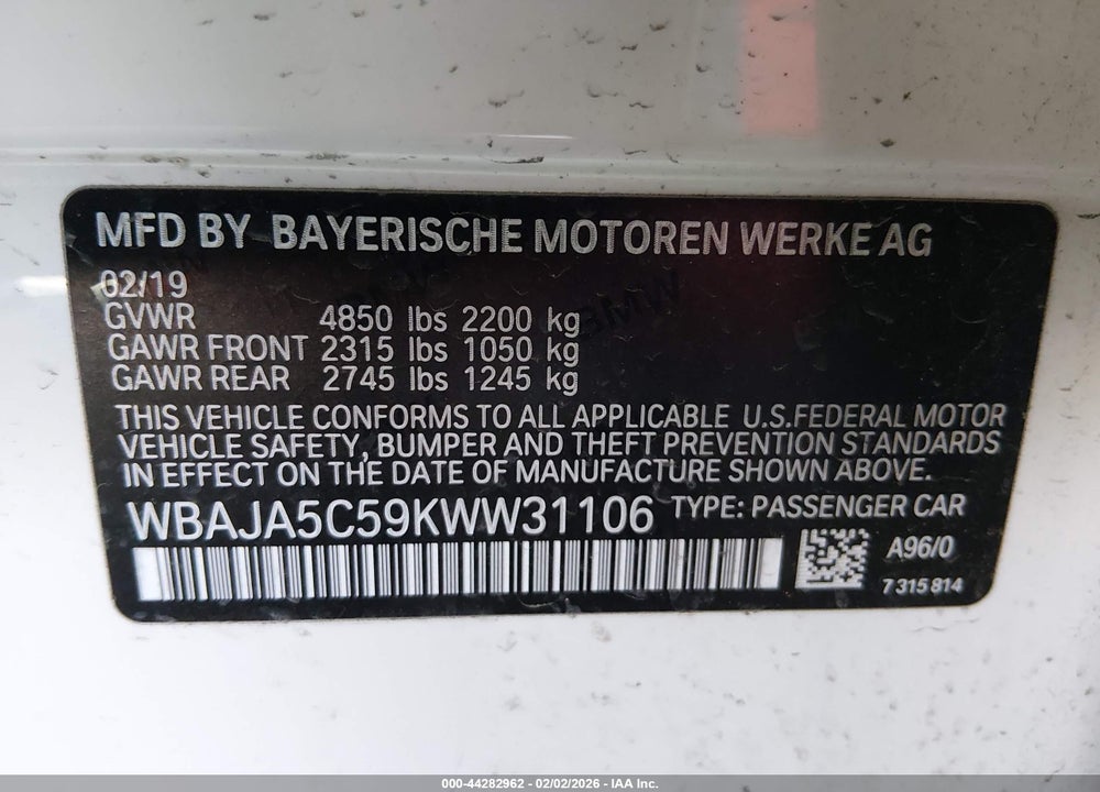 2019 BMW 530I VIN: WBAJA5C59KWW31106