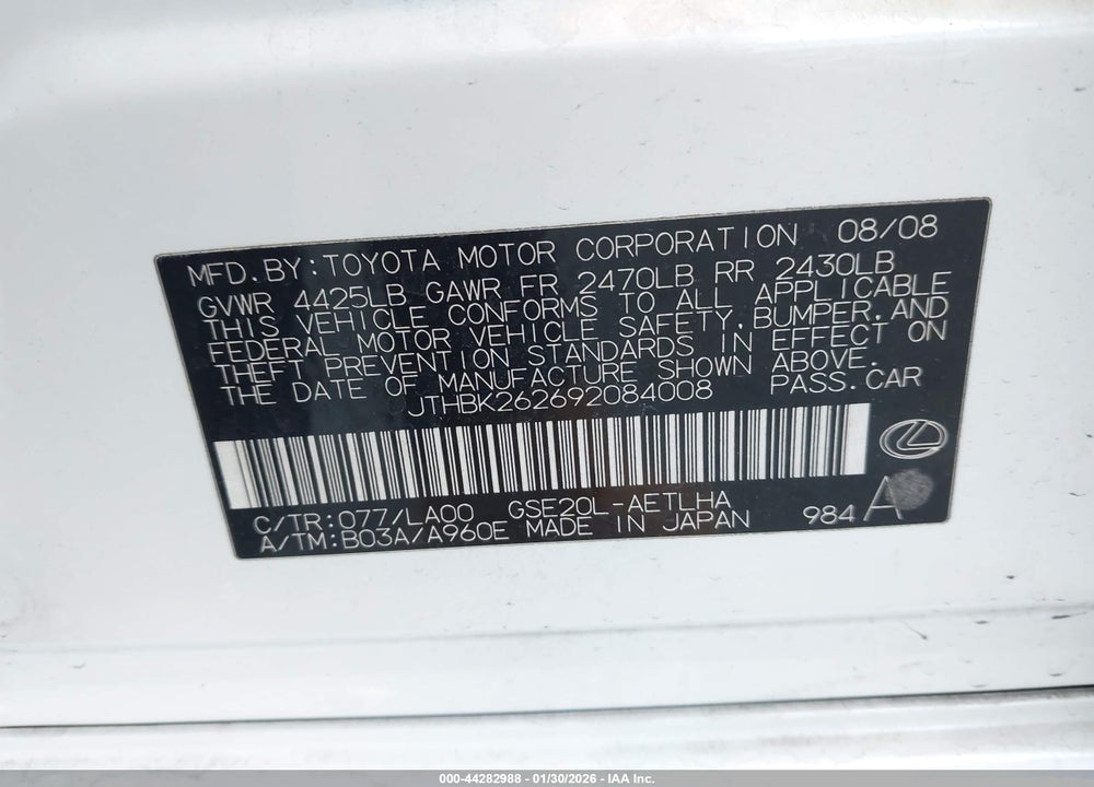 2009 LEXUS IS 250 VIN: JTHBK262692084008