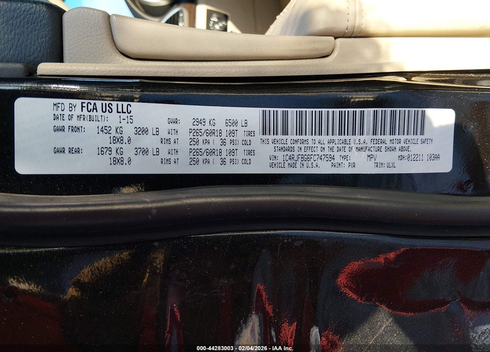 2015 JEEP GRAND CHEROKEE LIMITED VIN: 1C4RJFBG6FC747594