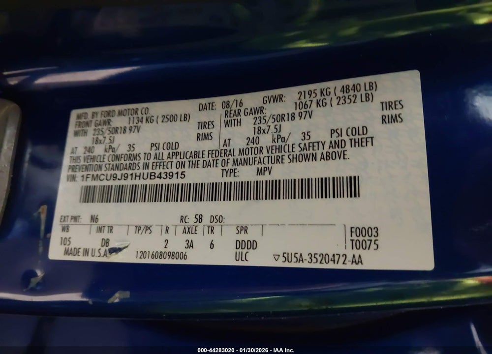 2017 FORD ESCAPE TITANIUM VIN: 1FMCU9J91HUB43915