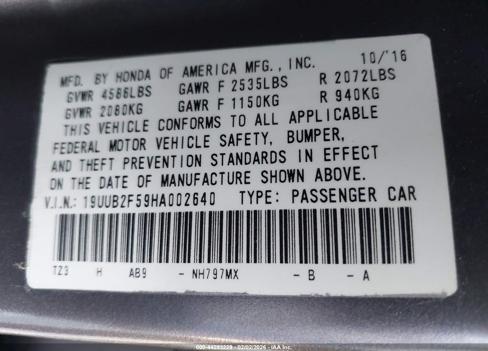 2017 ACURA TLX TECHNOLOGY PACKAGE VIN: 19UUB2F59HA002640