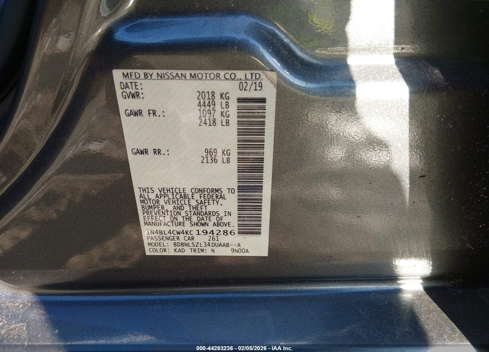 2019 NISSAN ALTIMA 2.5 SR VIN: 1N4BL4CW4KC194286