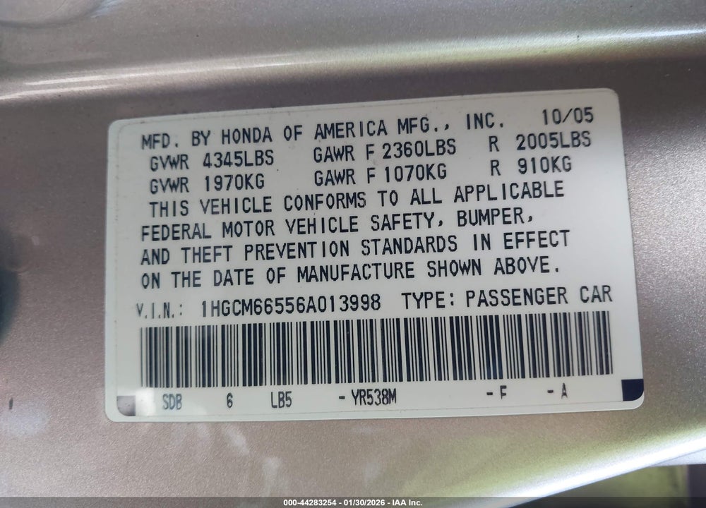 2006 HONDA ACCORD 3.0 EX VIN: 1HGCM66556A013998