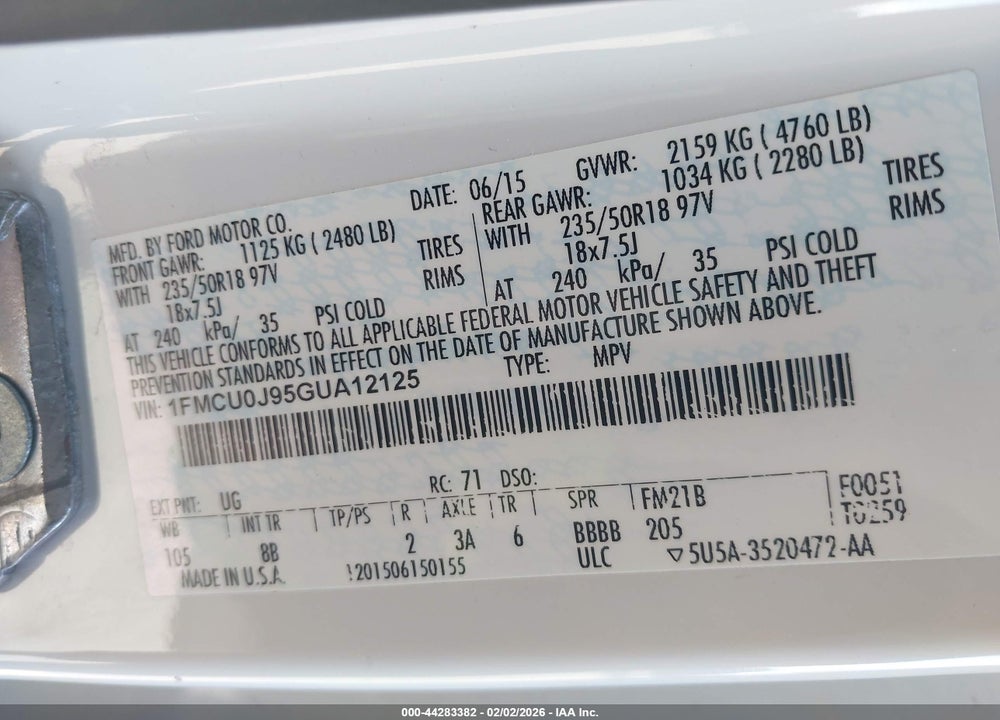 2016 FORD ESCAPE TITANIUM VIN: 1FMCU0J95GUA12125