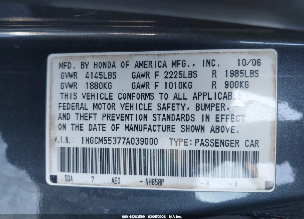 2007 HONDA ACCORD 2.4 SE VIN: 1HGCM55377A039000
