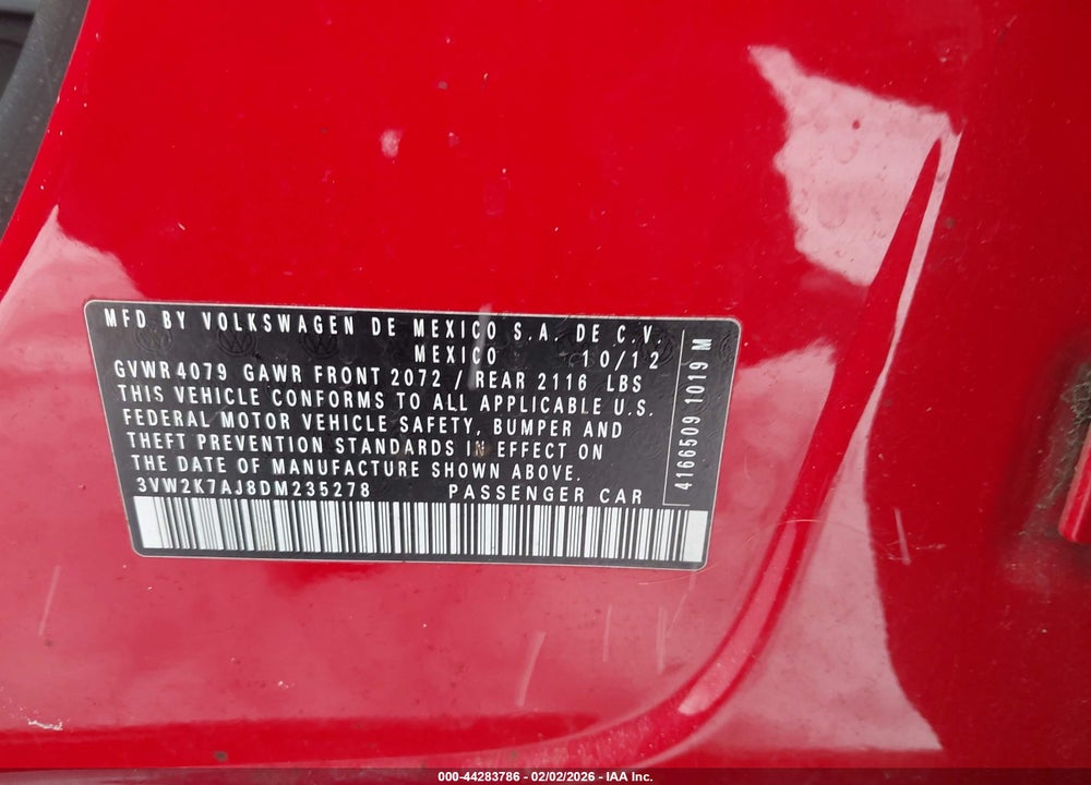 2013 VOLKSWAGEN JETTA 2.0L S VIN: 3VW2K7AJ8DM235278