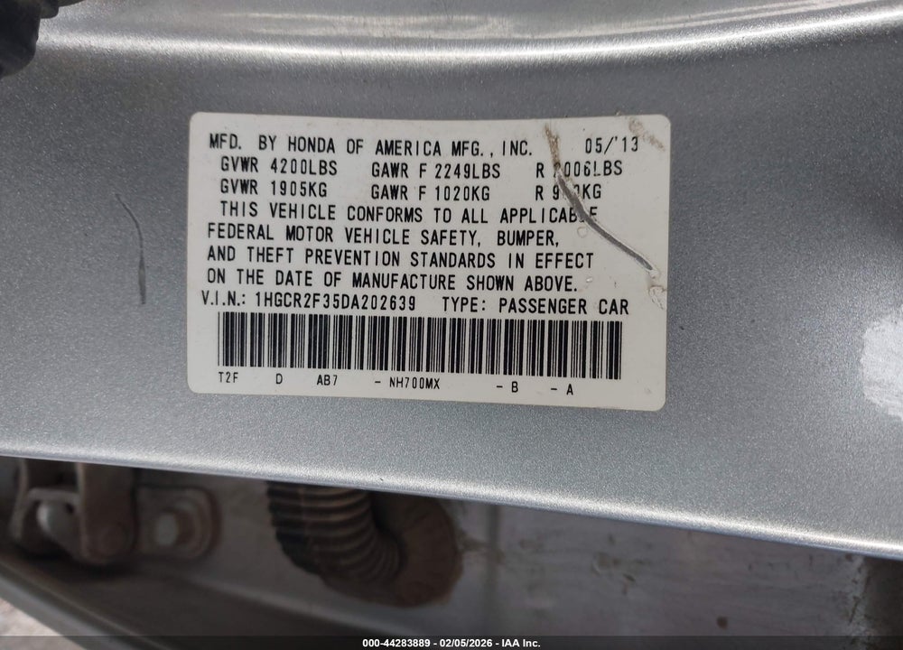 2013 HONDA ACCORD LX VIN: 1HGCR2F35DA202639