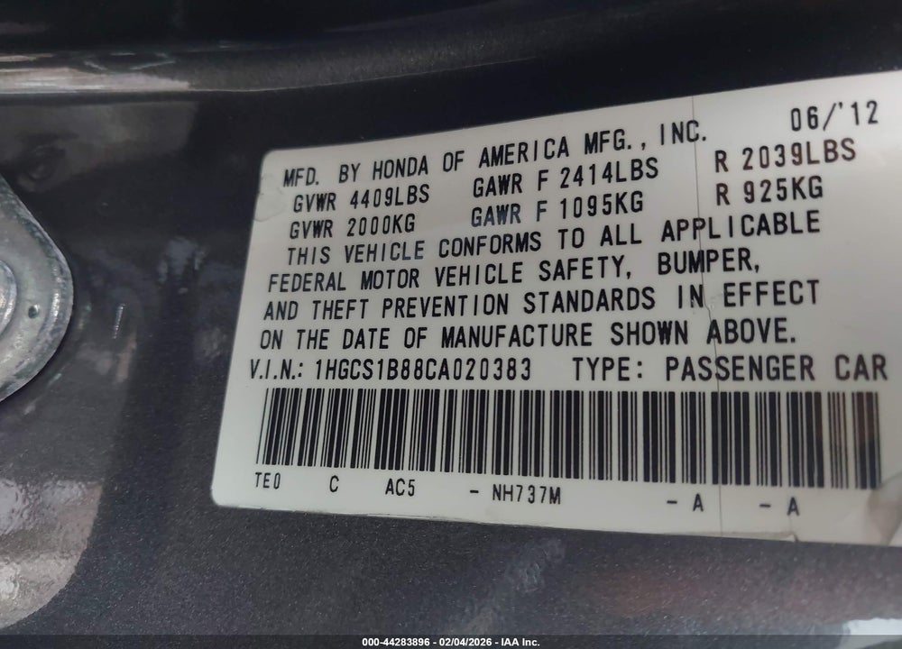 2012 HONDA ACCORD 2.4 EX-L VIN: 1HGCS1B88CA020383