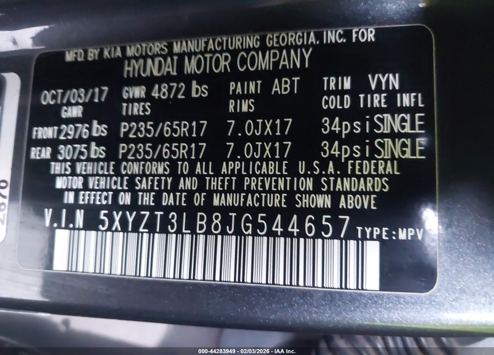 2018 HYUNDAI SANTA FE SPORT 2.4L VIN: 5XYZT3LB8JG544657