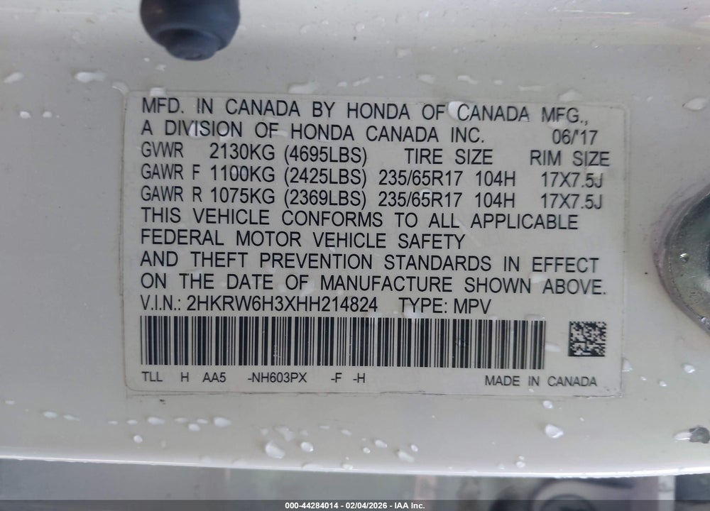 2017 HONDA CR-V LX VIN: 2HKRW6H3XHH214824