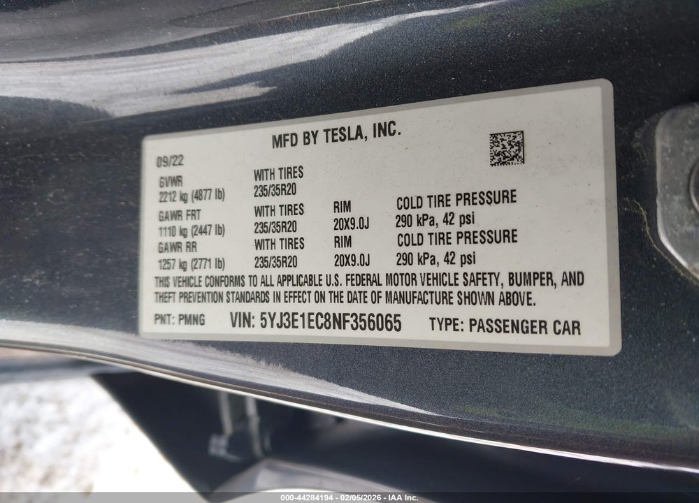 2022 TESLA MODEL 3 PERFORMANCE DUAL MOTOR ALL-WHEEL DRIVE VIN: 5YJ3E1EC8NF356065