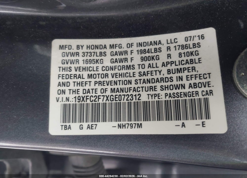 2016 HONDA CIVIC EX VIN: 19XFC2F7XGE072312
