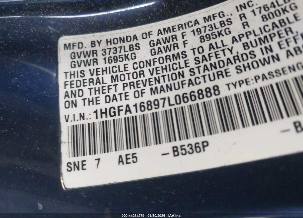2007 HONDA CIVIC EX VIN: 1HGFA16897L066888