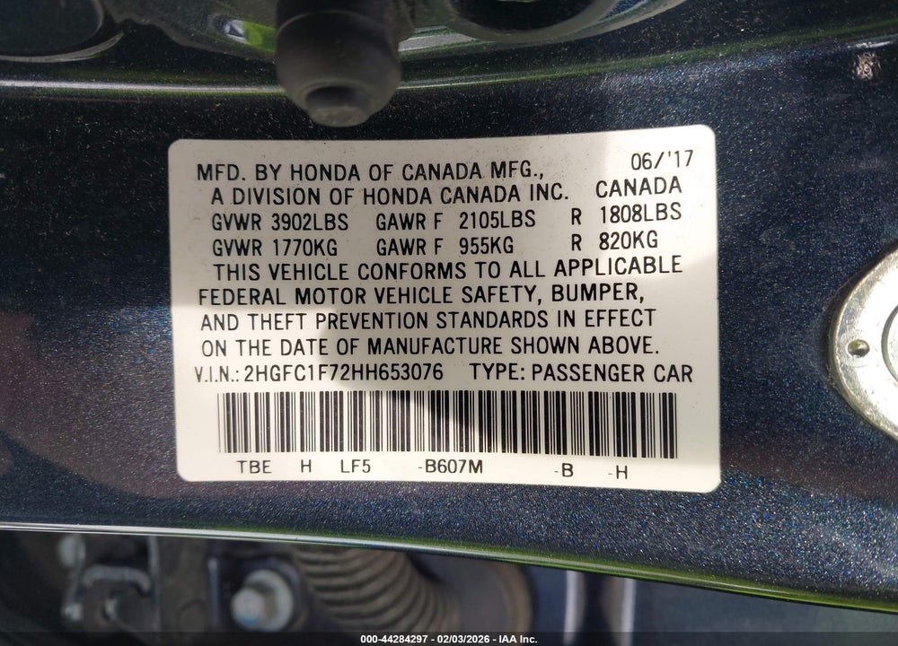 2017 HONDA CIVIC EX-L VIN: 2HGFC1F72HH653076