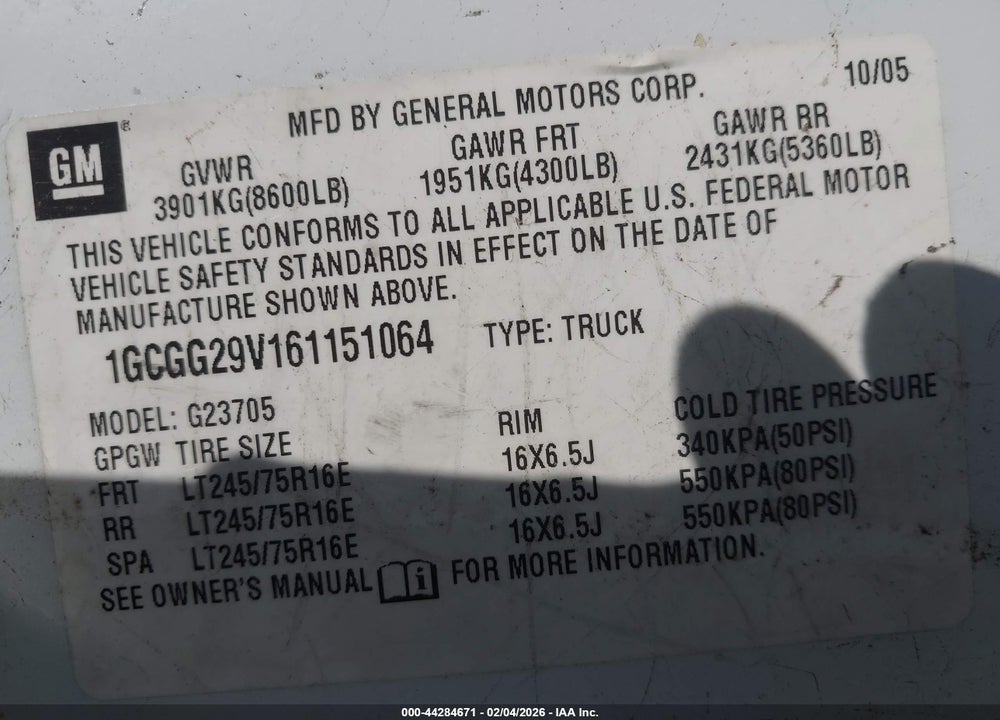 2006 CHEVROLET EXPRESS WORK VAN VIN: 1GCGG29V161151064