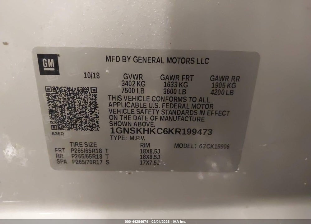2019 CHEVROLET SUBURBAN LT VIN: 1GNSKHKC6KR199473