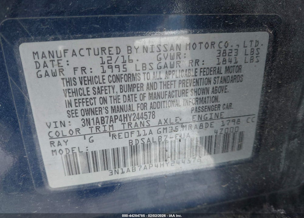 2017 NISSAN SENTRA S VIN: 3N1AB7AP4HY244578