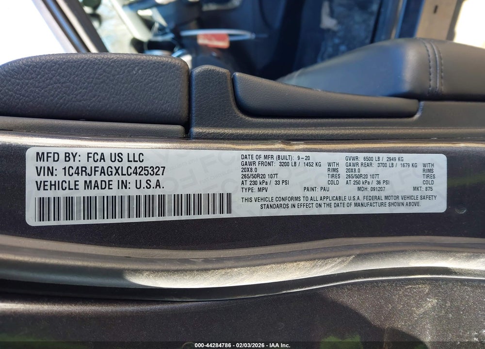 2020 JEEP GRAND CHEROKEE ALTITUDE 4X4 VIN: 1C4RJFAGXLC425327