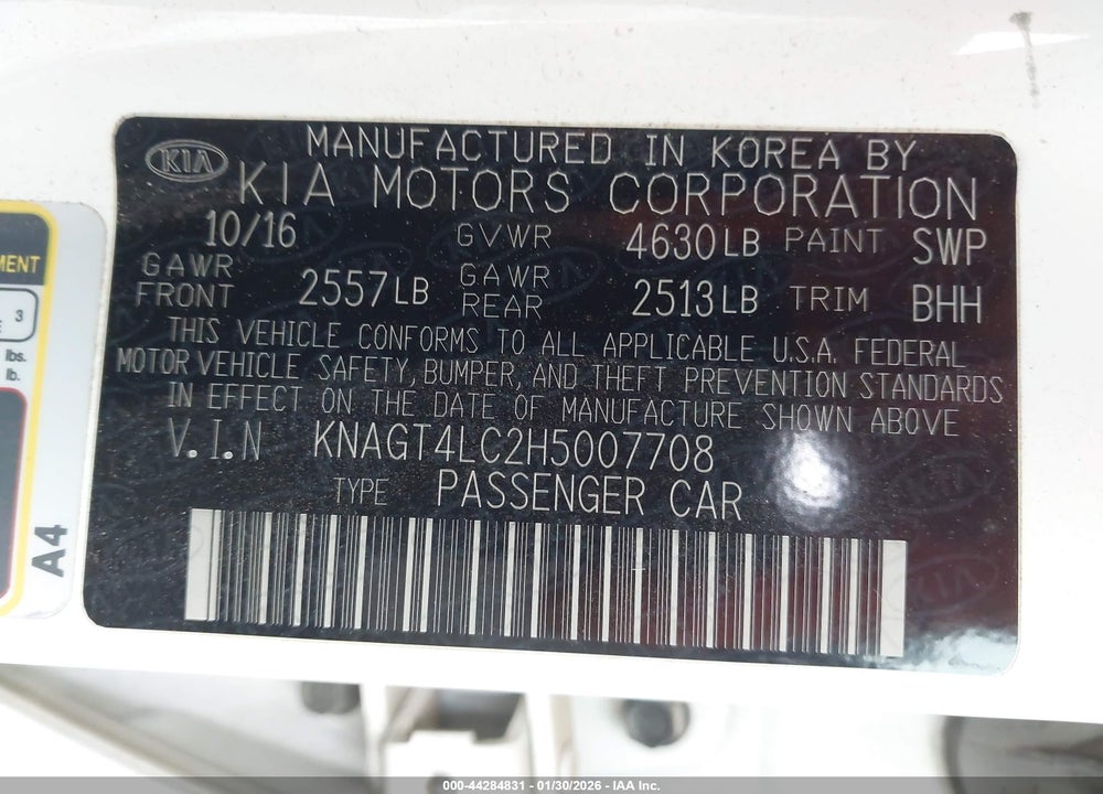 2017 KIA OPTIMA HYBRID VIN: KNAGT4LC2H5007708