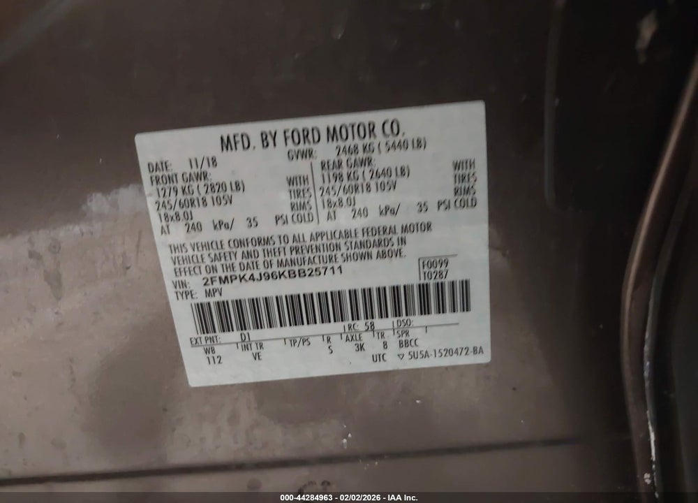 2019 FORD EDGE SEL VIN: 2FMPK4J96KBB25711