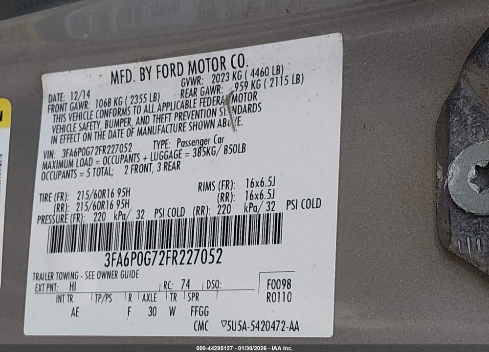 2015 FORD FUSION S VIN: 3FA6P0G72FR227052