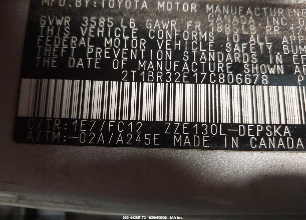 2007 TOYOTA COROLLA S VIN: 2T1BR32E17C806678
