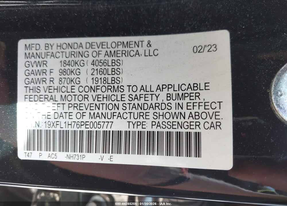 2023 HONDA CIVIC EX-L/EX-L W/O BSI VIN: 19XFL1H76PE005777