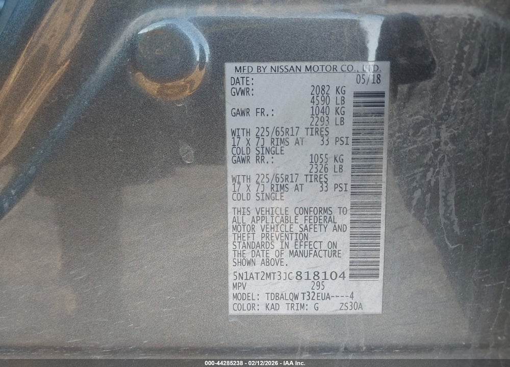 2018 NISSAN ROGUE SV VIN: 5N1AT2MT3JC818104