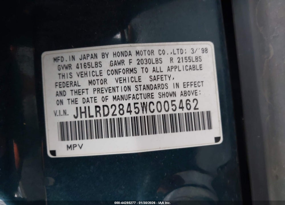 1998 HONDA CR-V LX VIN: JHLRD2845WC005462