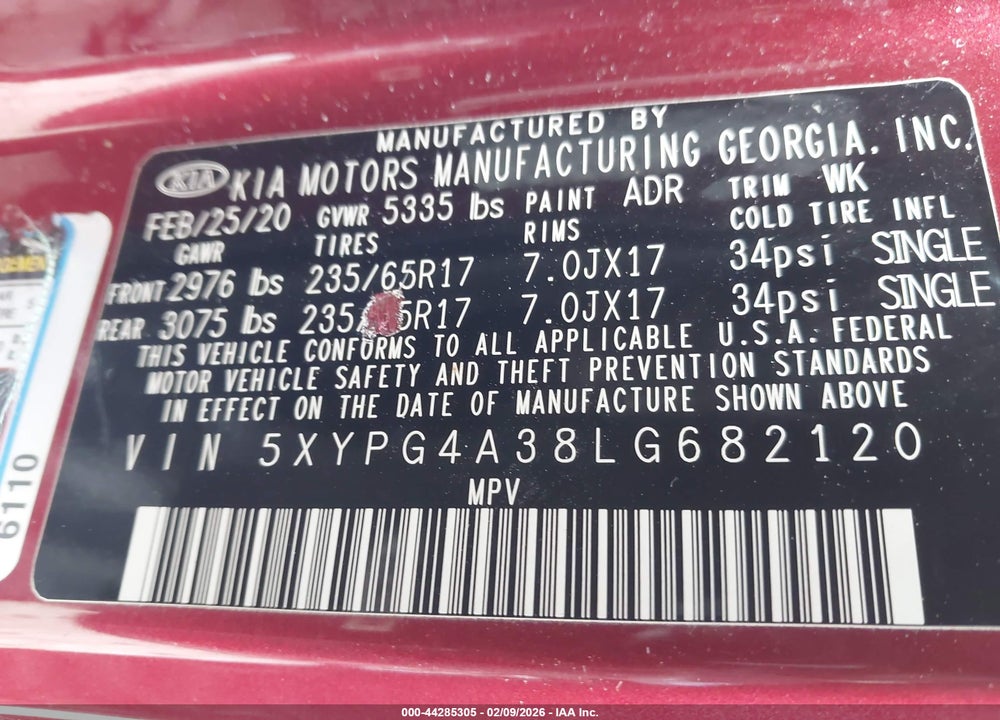 2020 KIA SORENTO 2.4L LX VIN: 5XYPG4A38LG682120
