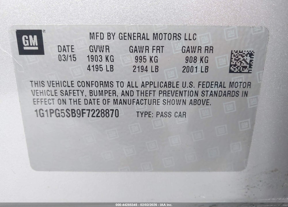 2015 CHEVROLET CRUZE LTZ VIN: 1G1PG5SB9F7228870