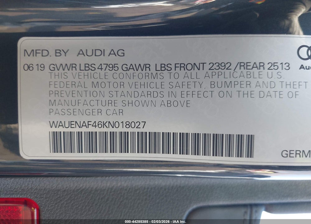 2019 AUDI A4 45 PREMIUM VIN: WAUENAF46KN018027