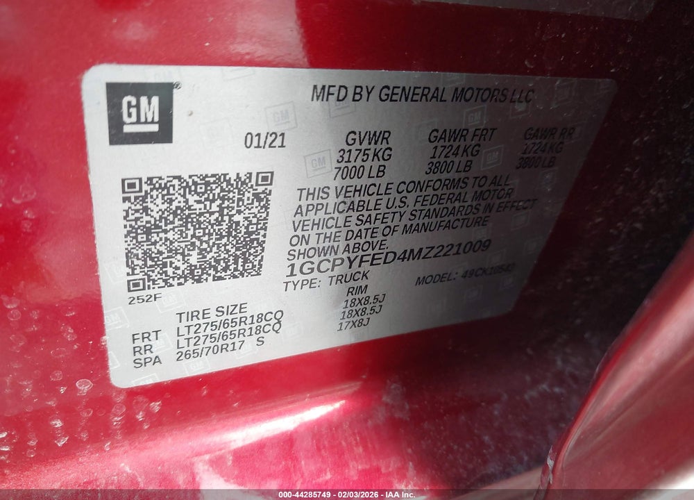 2021 CHEVROLET SILVERADO 1500 4WD  SHORT BED LT TRAIL BOSS VIN: 1GCPYFED4MZ221009