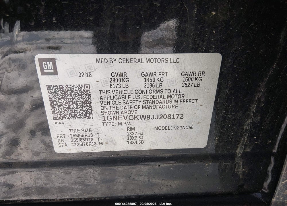 2018 CHEVROLET TRAVERSE 1LT VIN: 1GNEVGKW9JJ208172