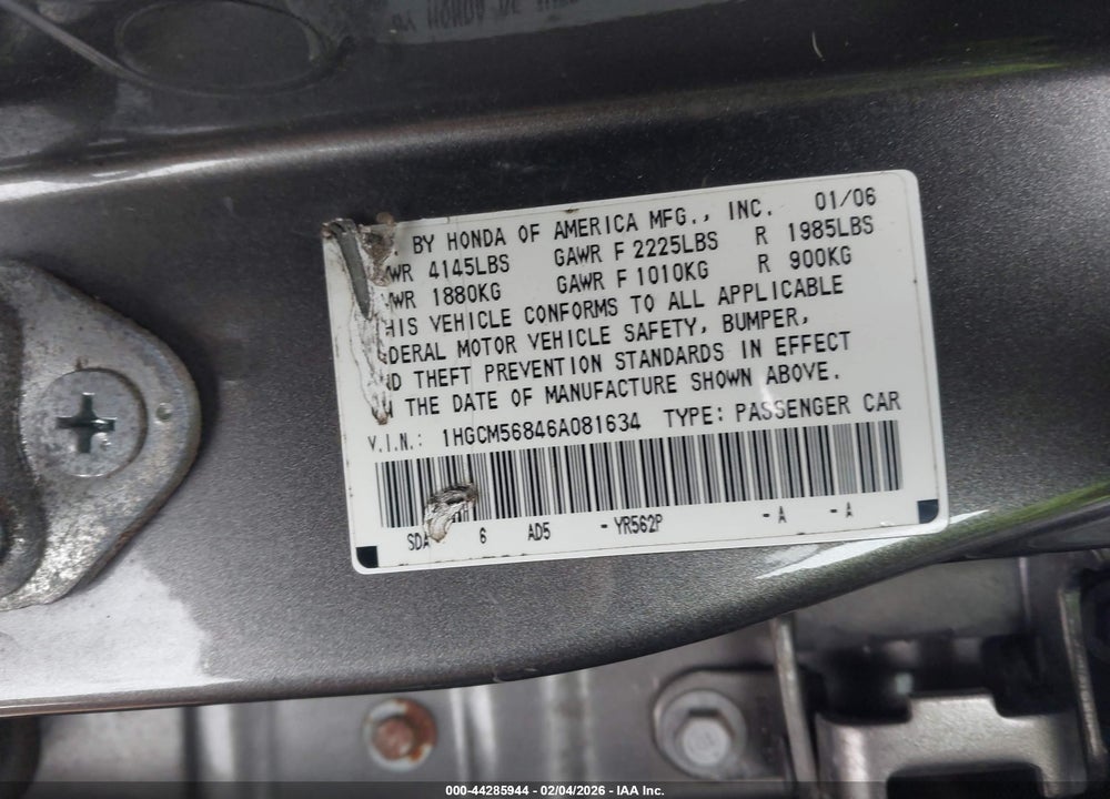2006 HONDA ACCORD 2.4 EX VIN: 1HGCM56846A081634
