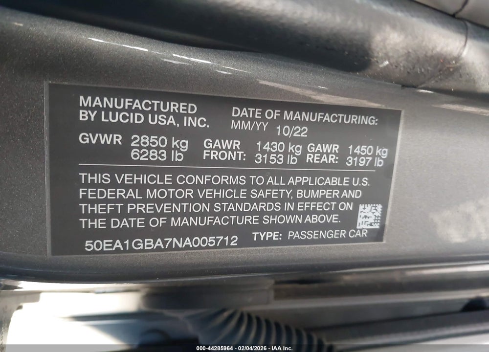 2022 LUCID AIR GRAND TOURING VIN: 50EA1GBA7NA005712