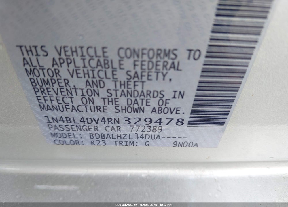 2024 NISSAN ALTIMA SV FWD VIN: 1N4BL4DV4RN329478