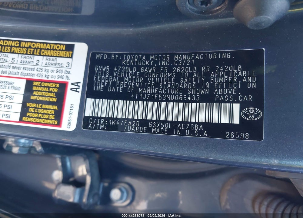2021 TOYOTA AVALON XLE VIN: 4T1JZ1FB3MU066433