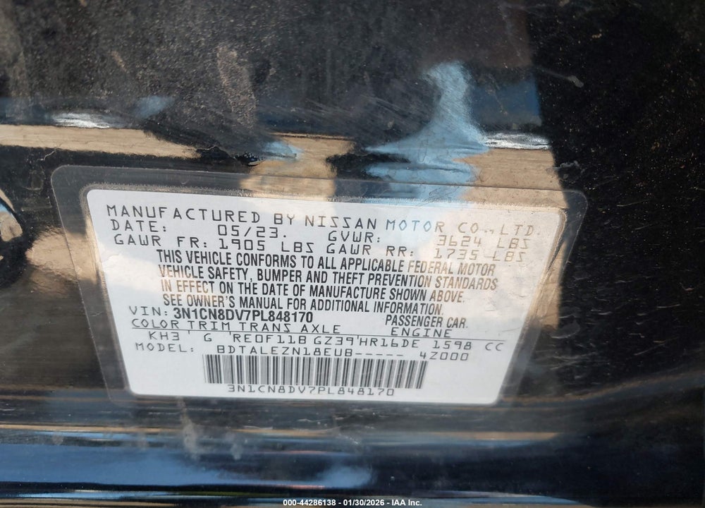 2023 NISSAN VERSA 1.6 S XTRONIC CVT VIN: 3N1CN8DV7PL848170