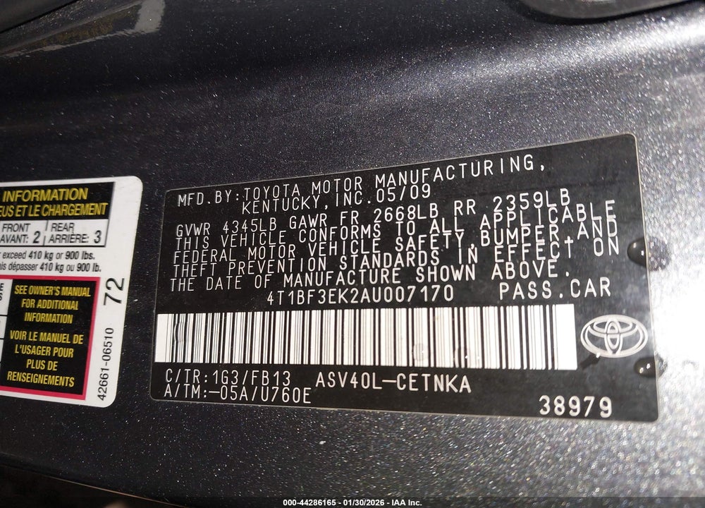 2010 TOYOTA CAMRY LE VIN: 4T1BF3EK2AU007170