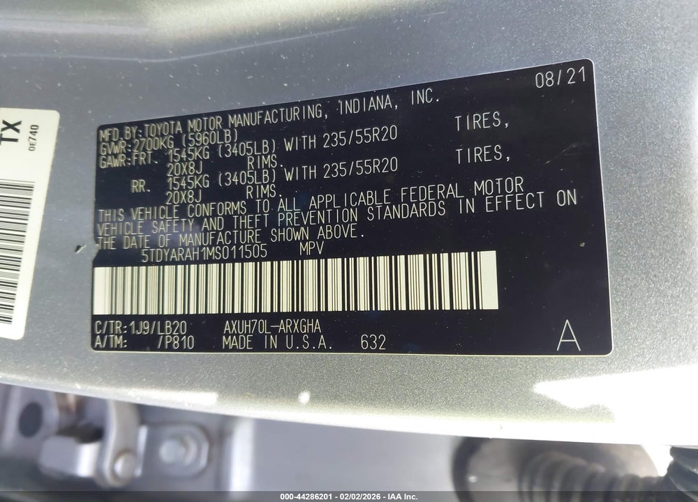 2021 TOYOTA HIGHLANDER HYBRID LIMITED VIN: 5TDYARAH1MS011505