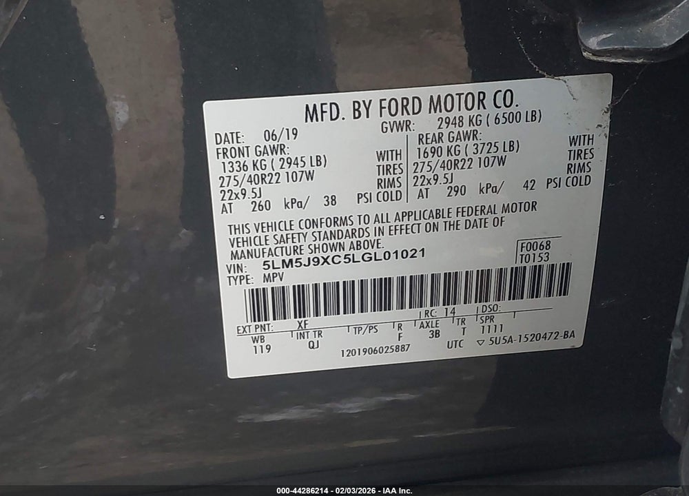 2020 LINCOLN AVIATOR BLACK LABEL VIN: 5LM5J9XC5LGL01021