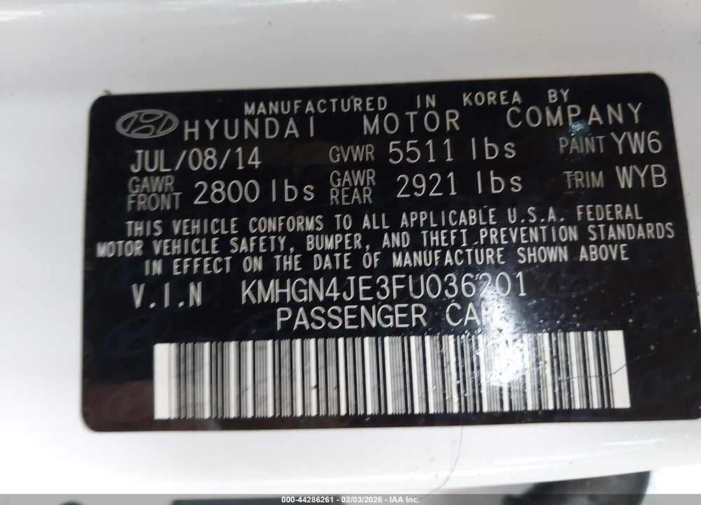 2015 HYUNDAI GENESIS 3.8 VIN: KMHGN4JE3FU036201
