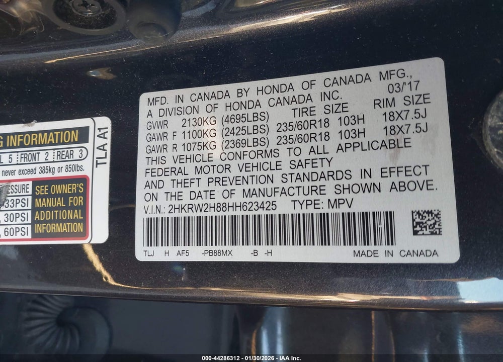 2017 HONDA CR-V EX-L/EX-L NAVI VIN: 2HKRW2H88HH623425
