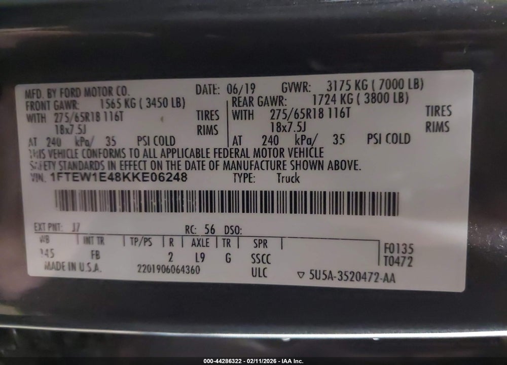 2019 FORD F-150 XLT VIN: 1FTEW1E48KKE06248
