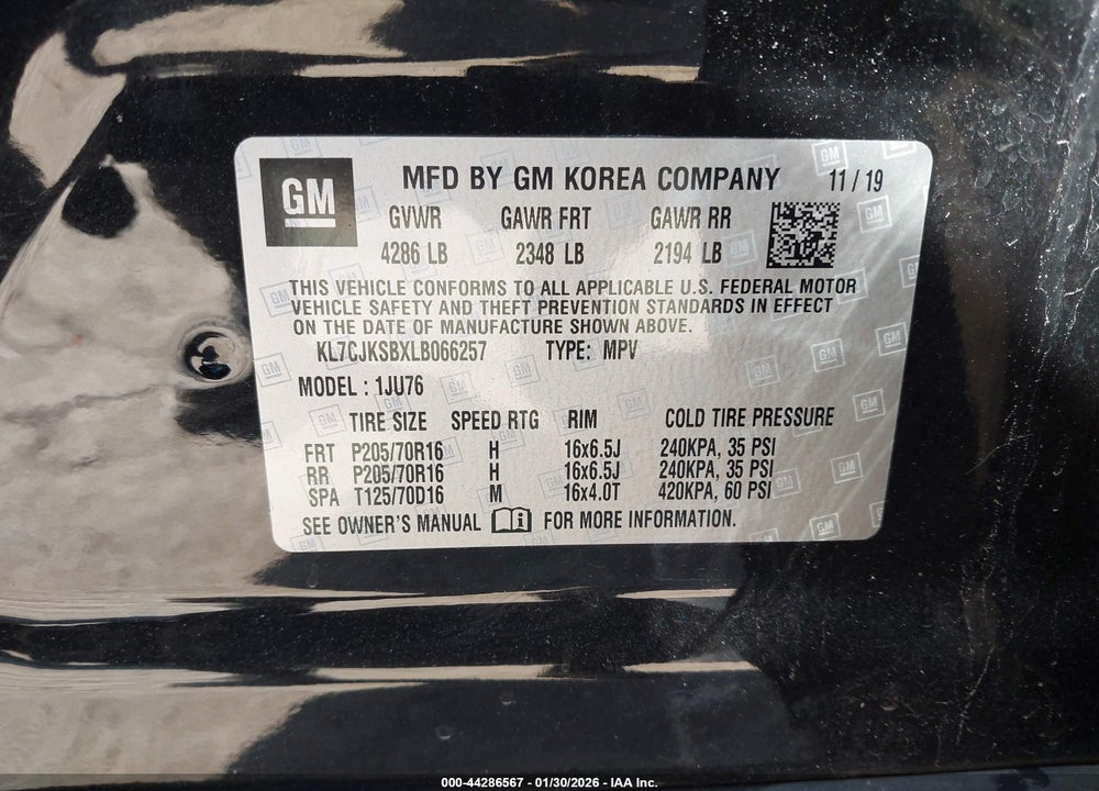2020 CHEVROLET TRAX FWD LS VIN: KL7CJKSBXLB066257