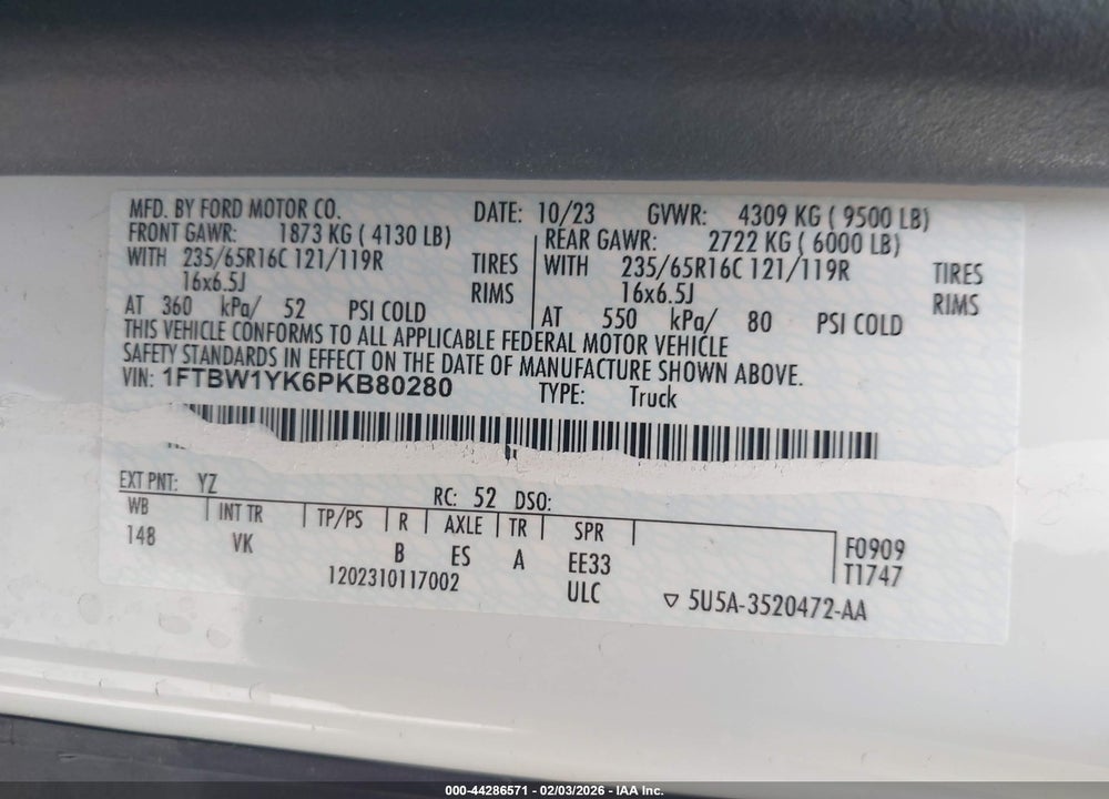 2023 FORD E-TRANSIT-350 VIN: 1FTBW1YK6PKB80280