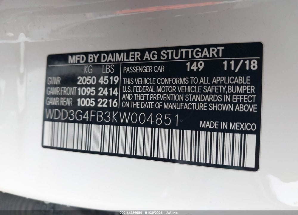 2019 MERCEDES-BENZ A 220 4MATIC VIN: WDD3G4FB3KW004851